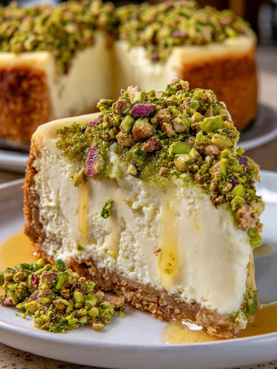 A slice of pistachio cheesecake with toppings.