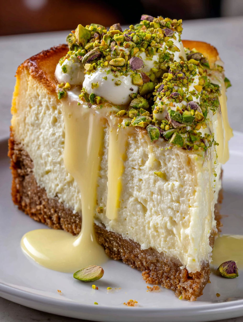 A slice of pistachio cheesecake with toppings.