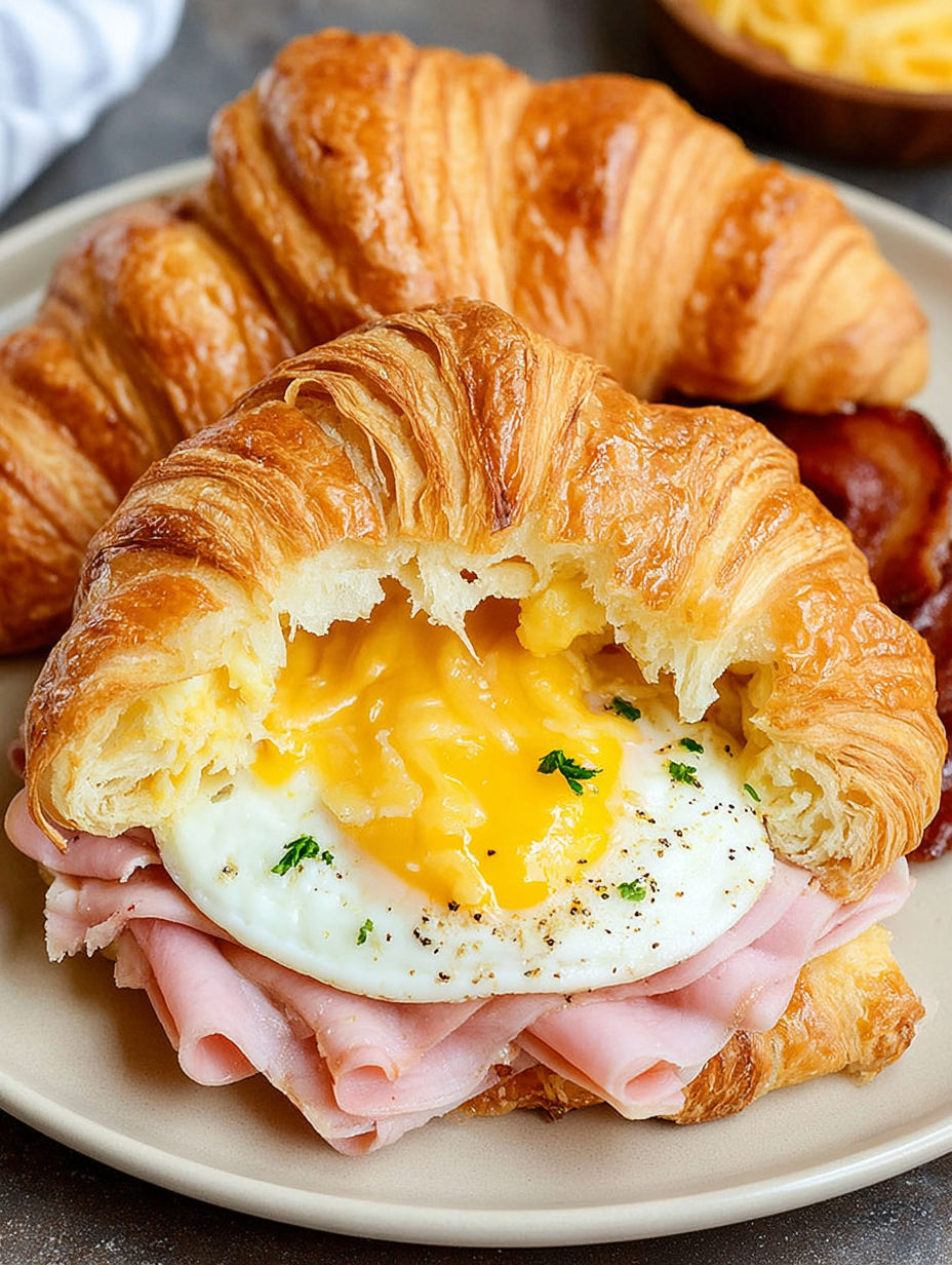 A croissant sandwich with egg and bacon.
