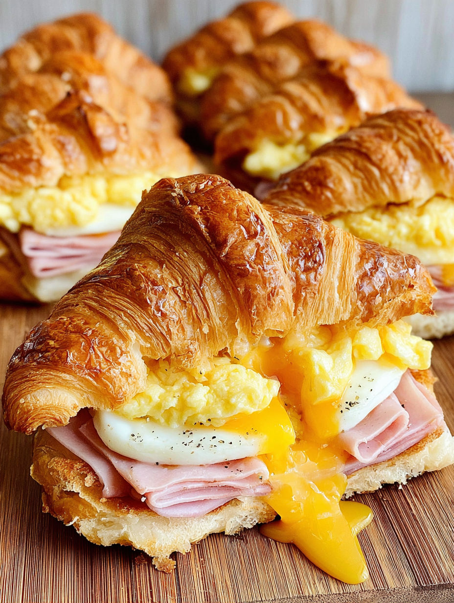 A croissant sandwich with eggs and ham.