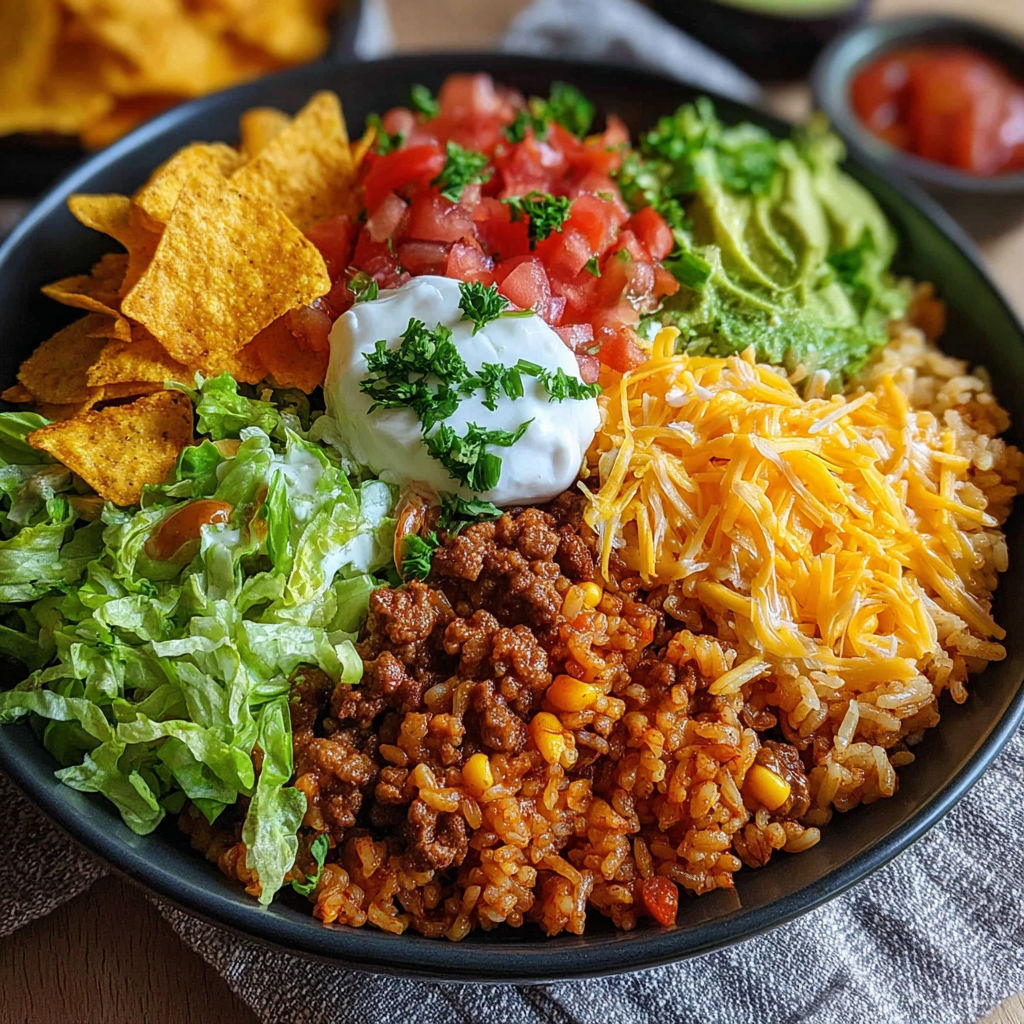 A bowl of food with a variety of ingredients, including rice, cheese, tomatoes, lettuce, and sour cream.