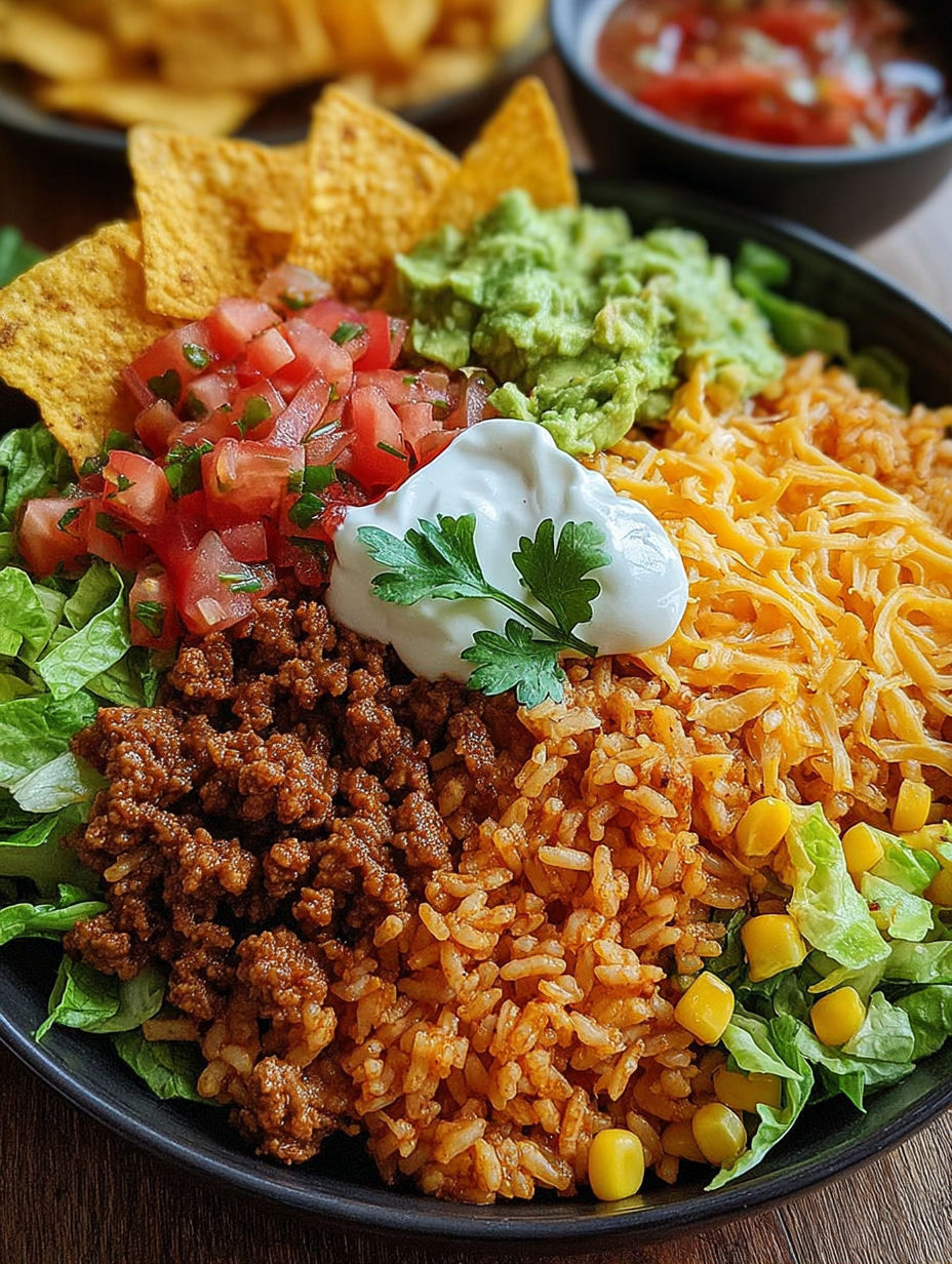 A taco rice bowl with avocado and sour cream.