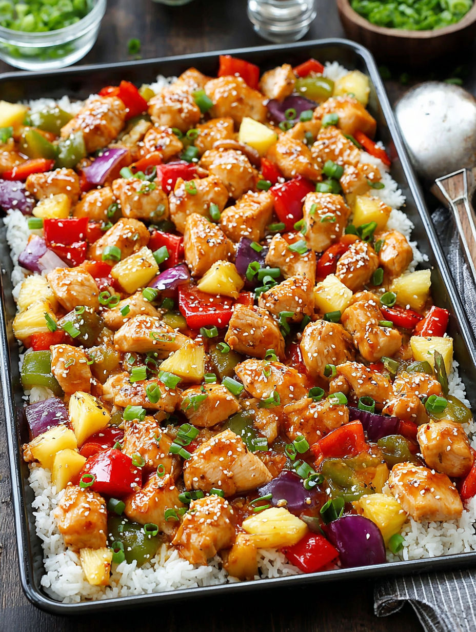 A delicious Hawaiian chicken dish with rice and mixed vegetables.
