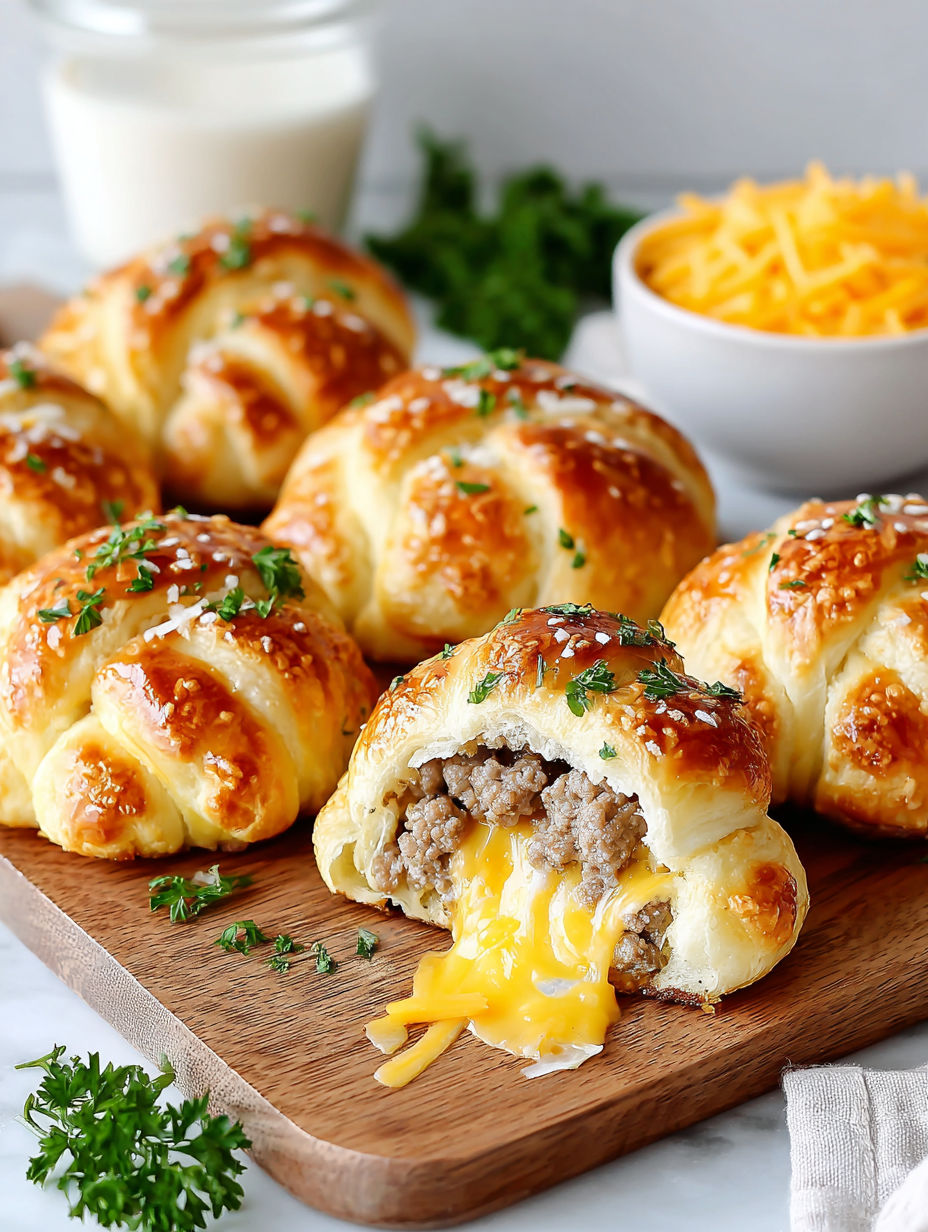 Sausage cheddar crescent rolls on a wooden board.