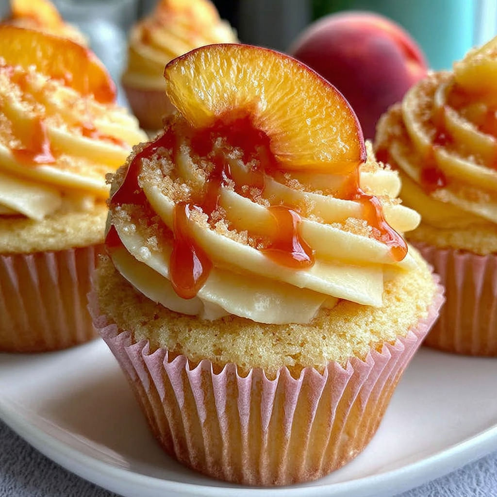 Peach bellini cupcakes with caramel sauce.
