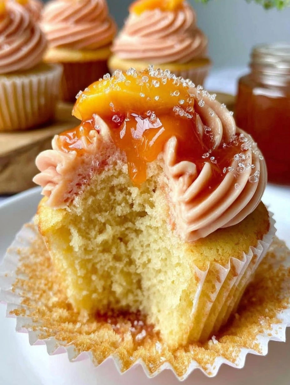 A slice of peach bellini cupcake.