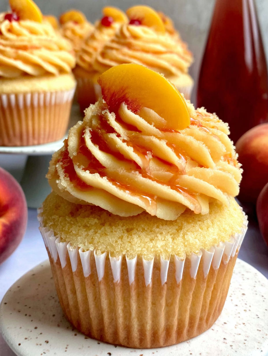 A cupcake with a peach on top.
