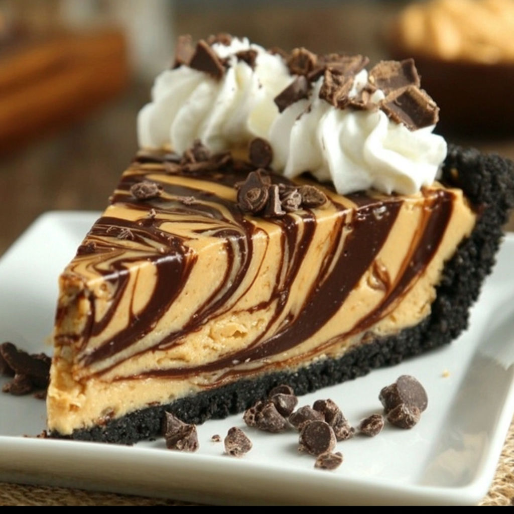 A slice of chocolate peanut butter swirl pie.