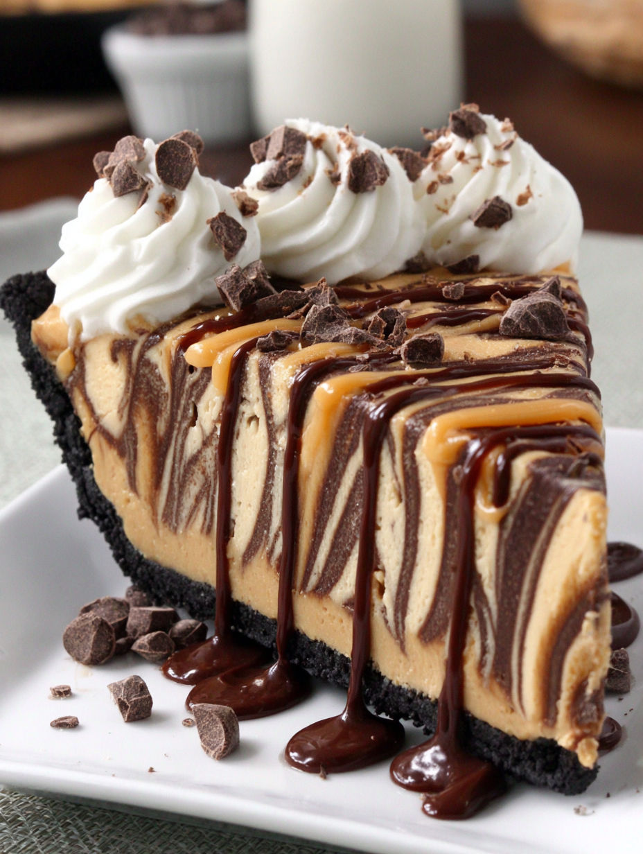 A slice of chocolate peanut butter swirl pie.