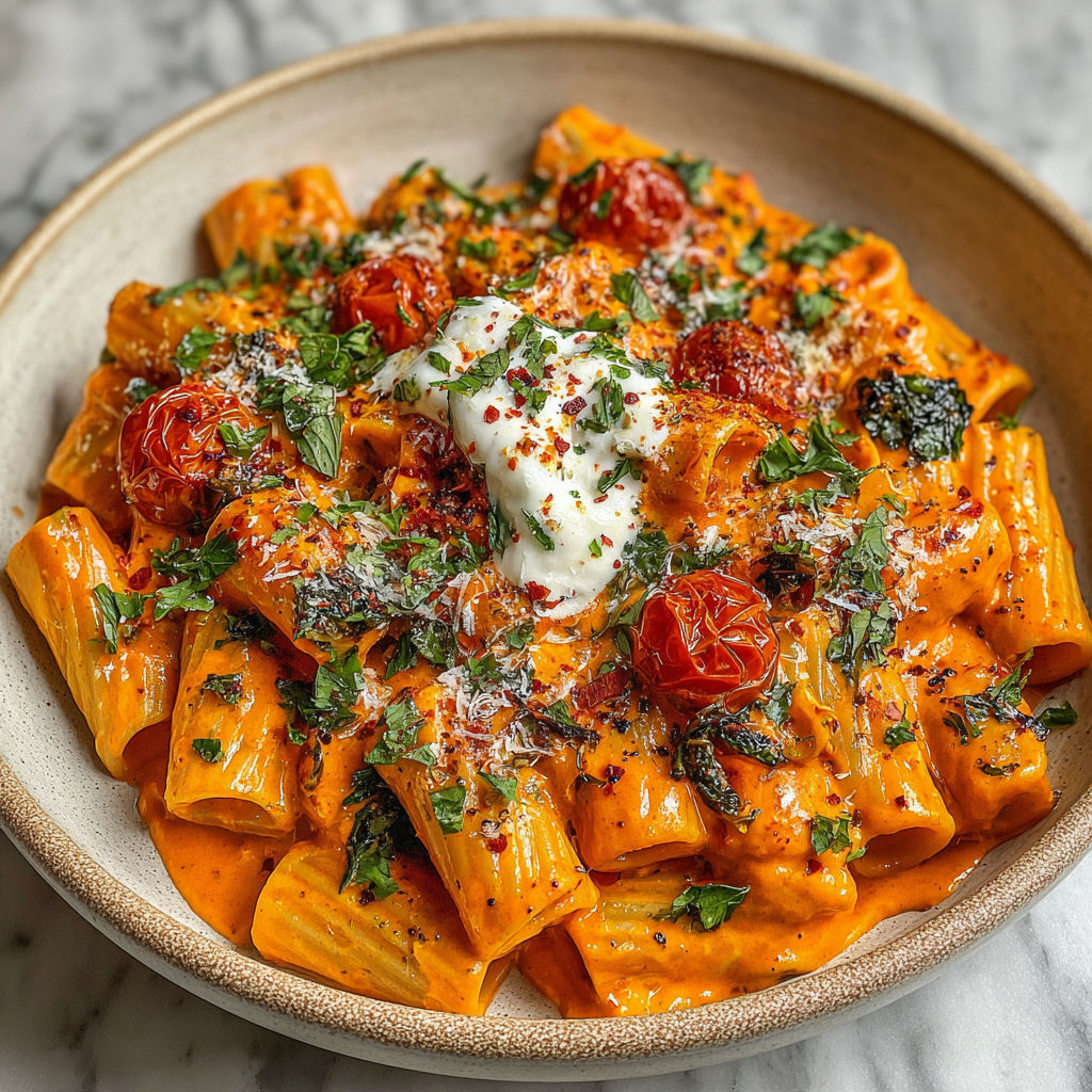 A bowl of pasta with tomatoes and garlic.