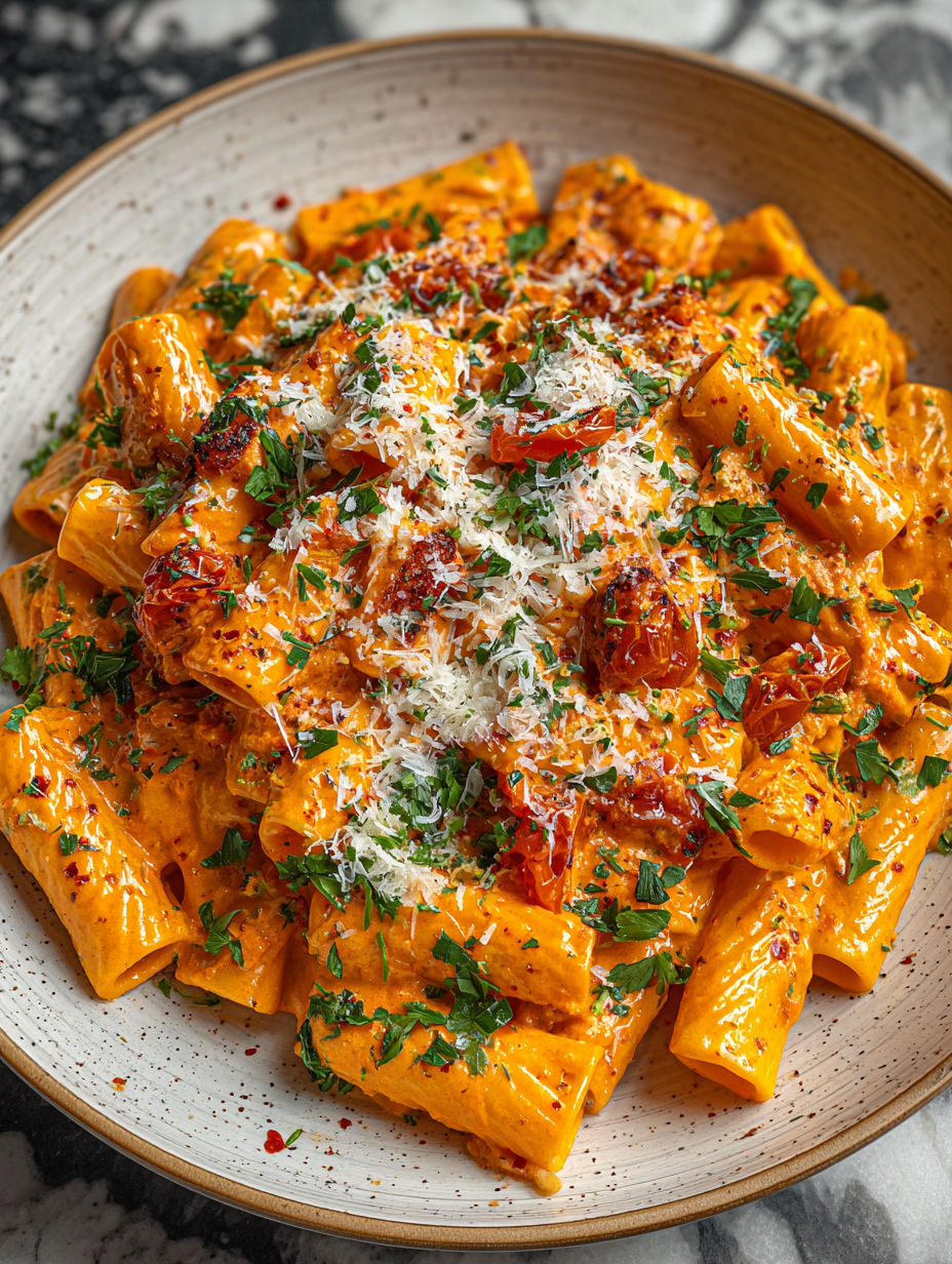 A plate of pasta with tomatoes and cheese.