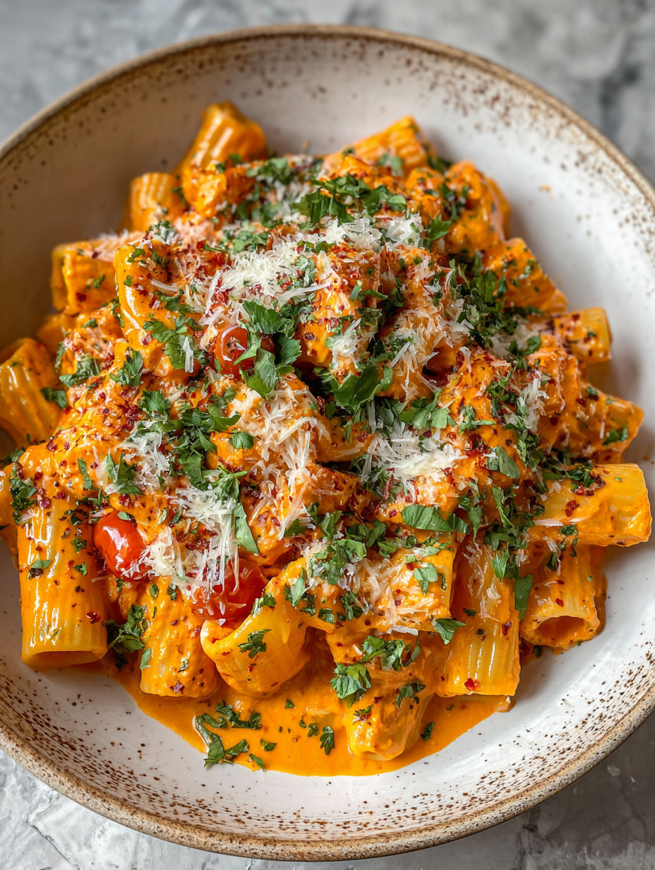A bowl of pasta with tomatoes and cheese.