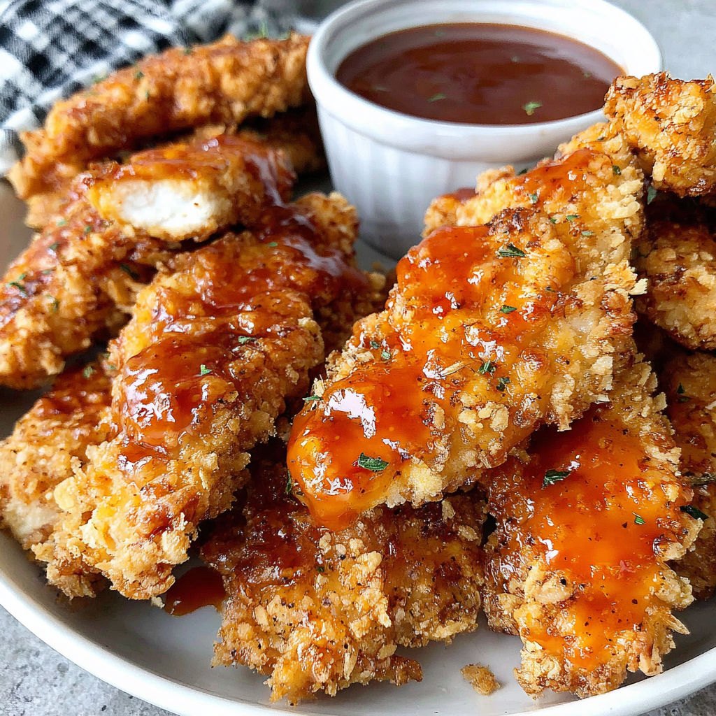 A plate of air-fried honey buffalo chicken tenders.