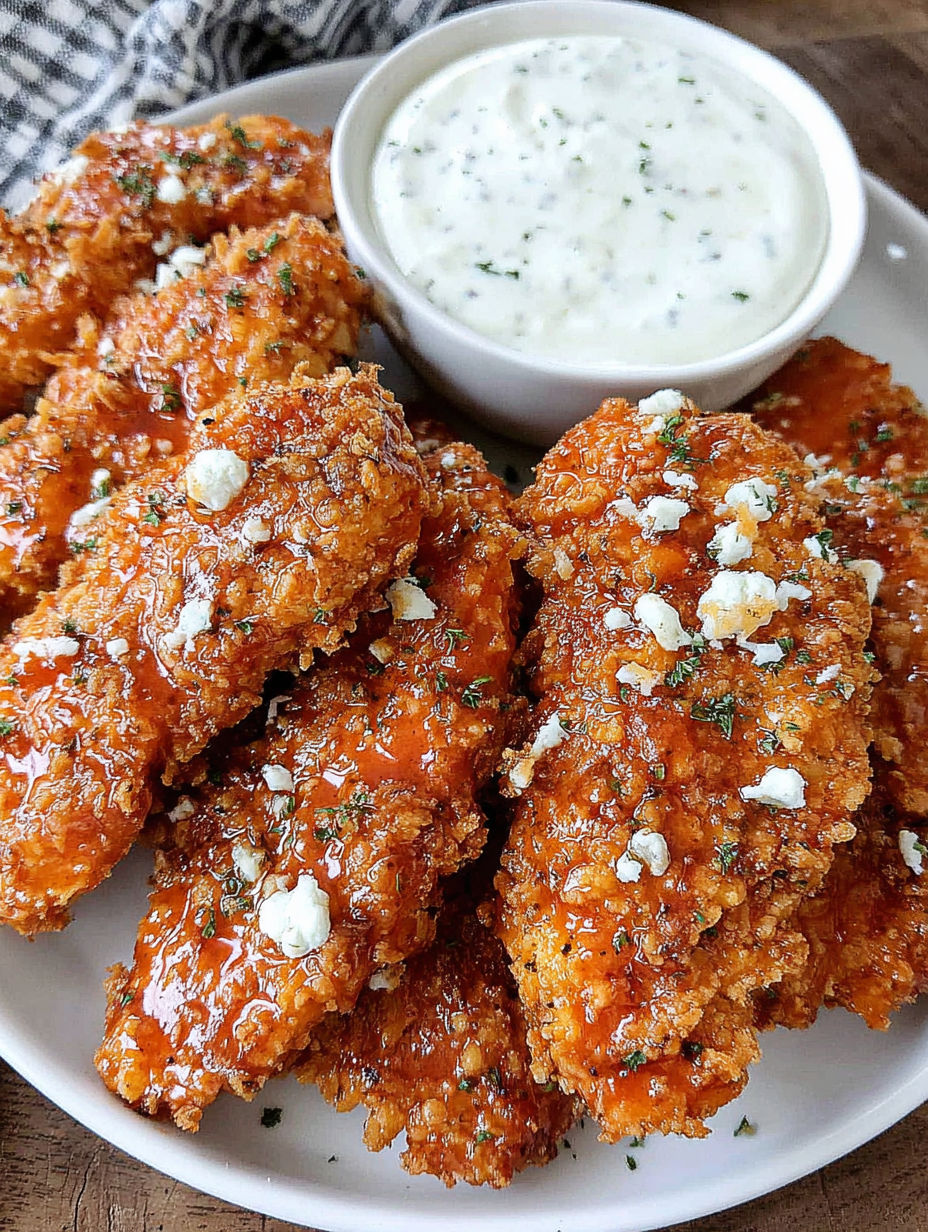 A plate of fried chicken with a bowl of dipping sauce.