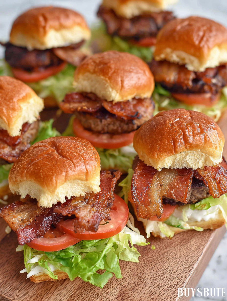 Bacon and lettuce sandwiches on a wooden tray.