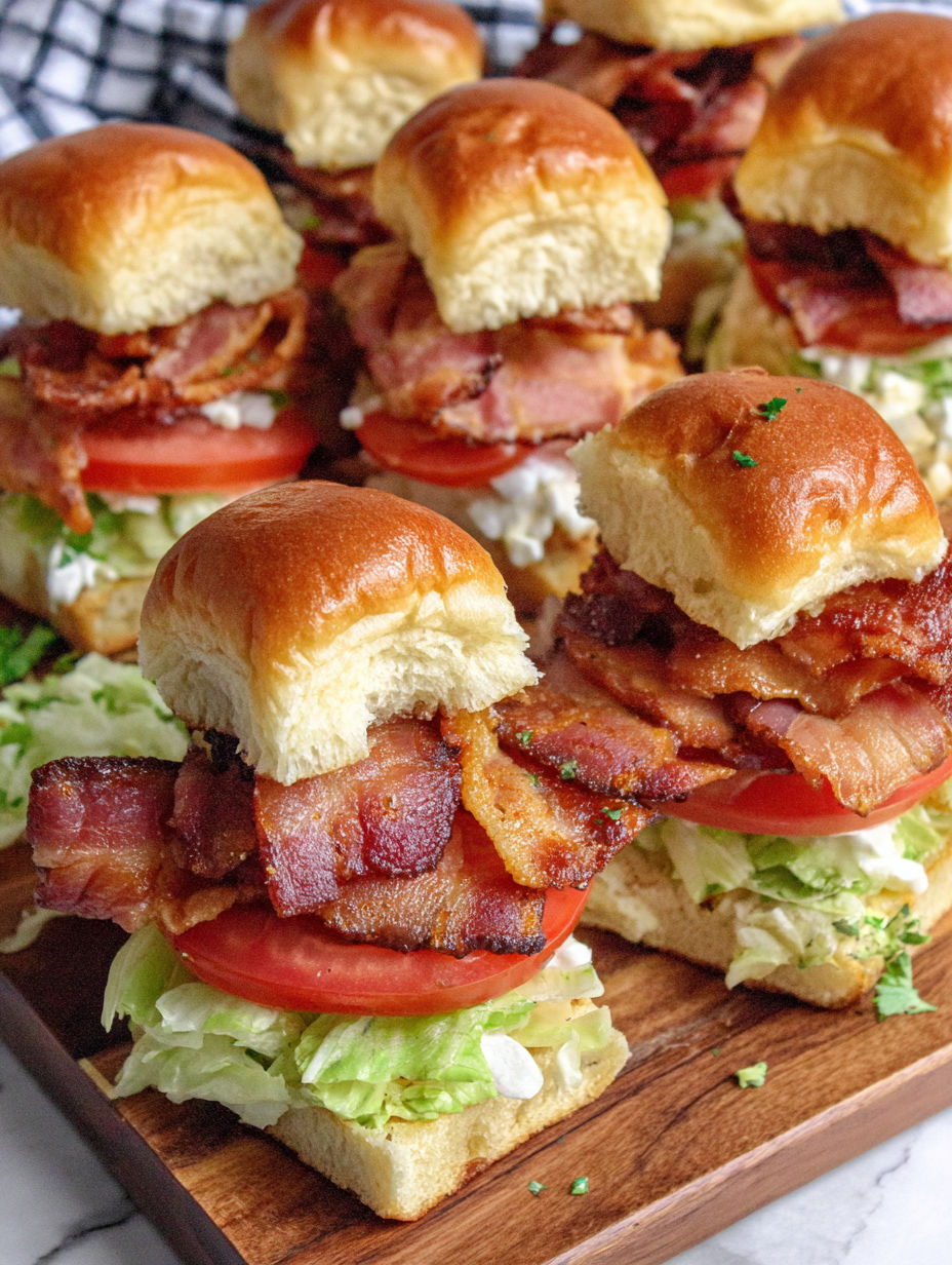 Bacon sandwiches on a wooden tray.