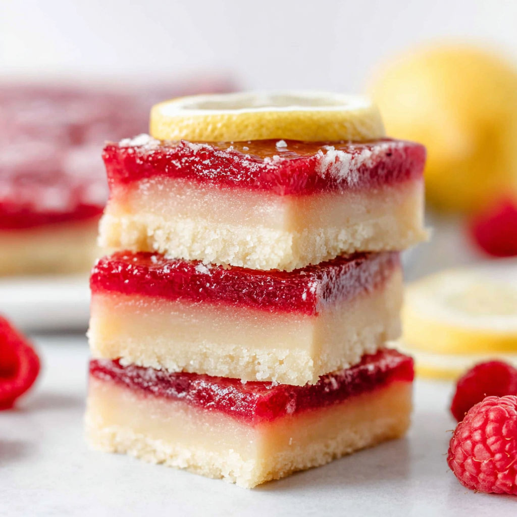Three layers of lemon raspberry bars.