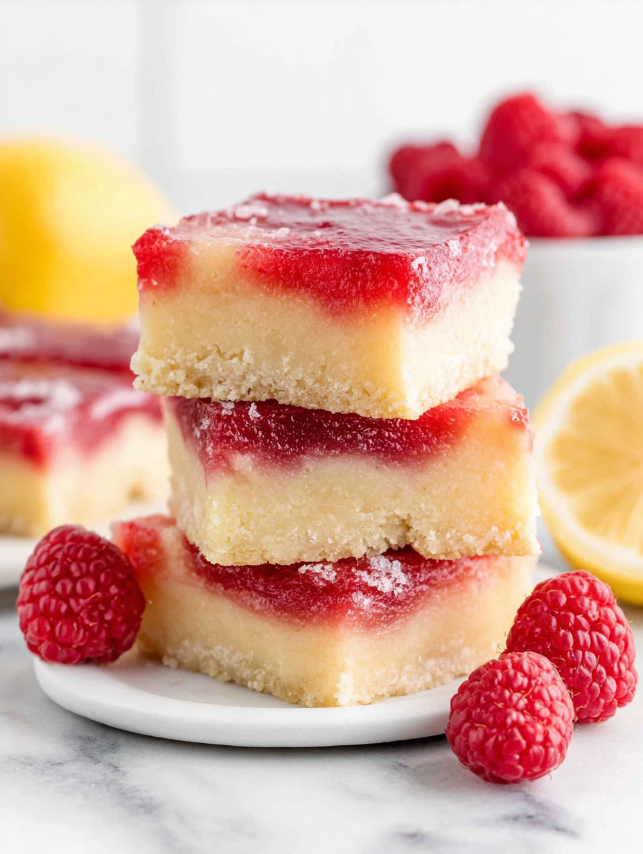 A stack of three desserts with raspberries on top.