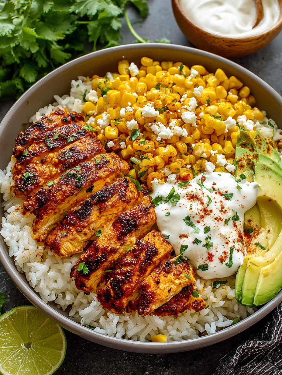 A bowl of food with chicken, rice, and corn.