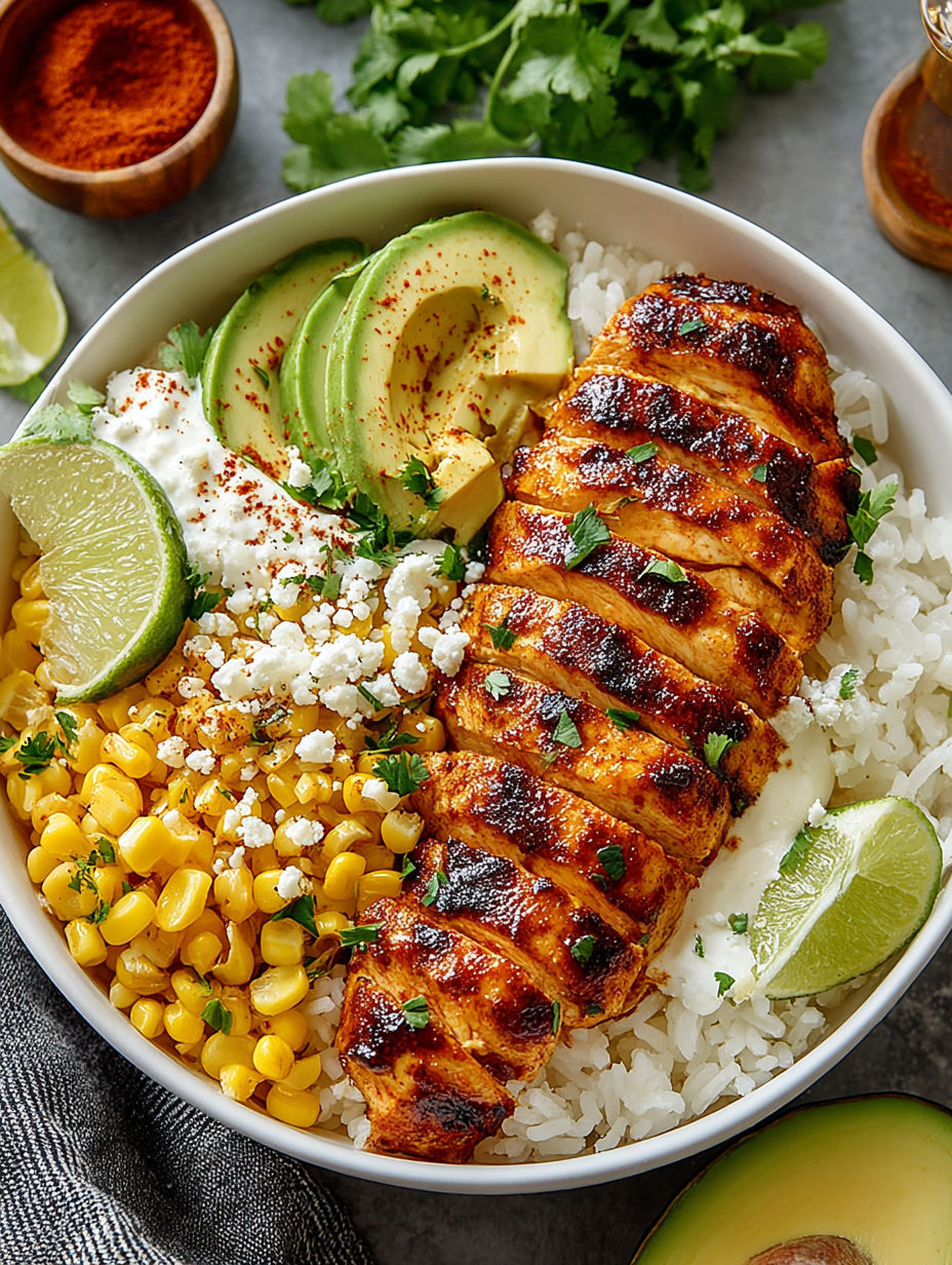 A bowl of food with chicken, rice, and avocado.