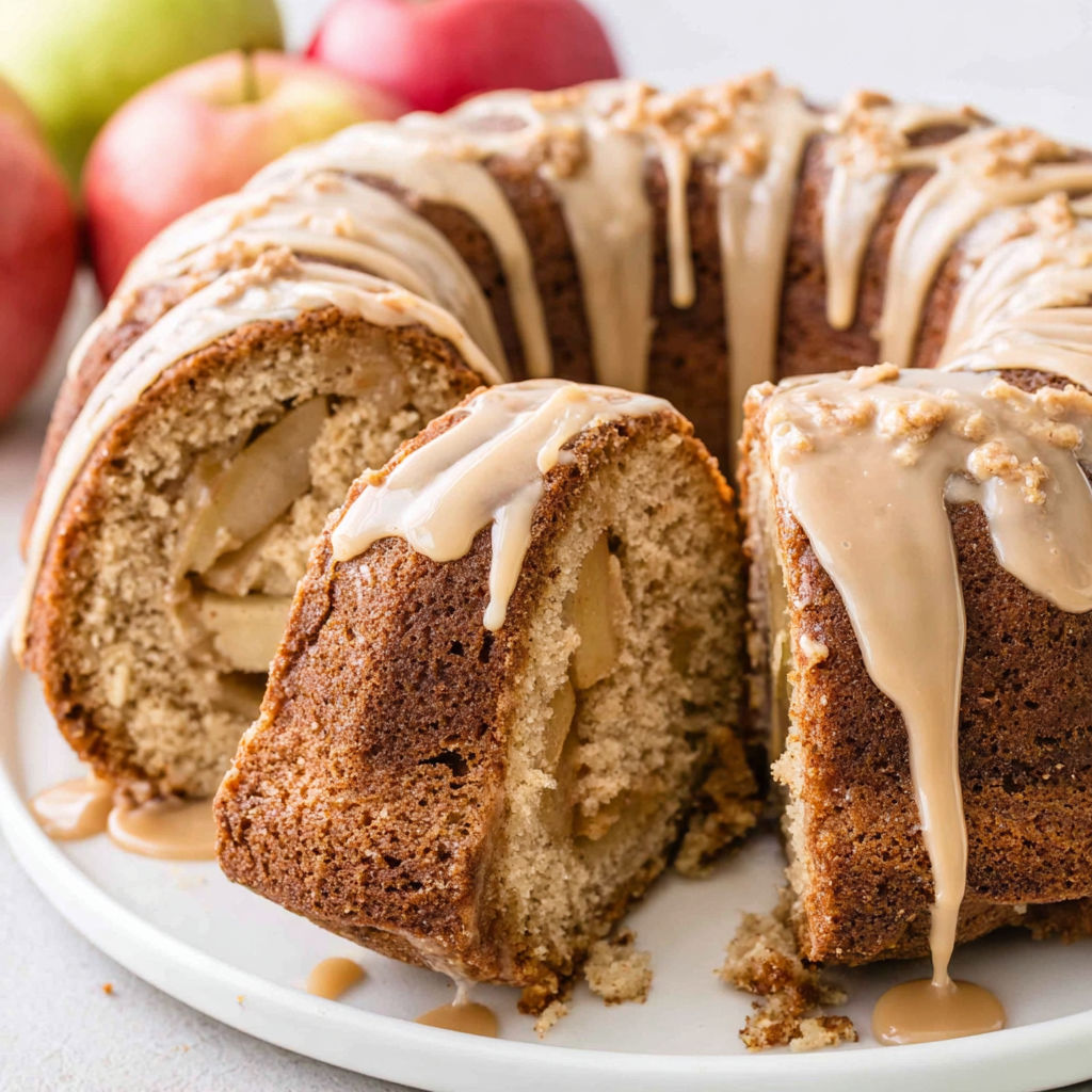 A bundt cake with caramel drizzled on top.
