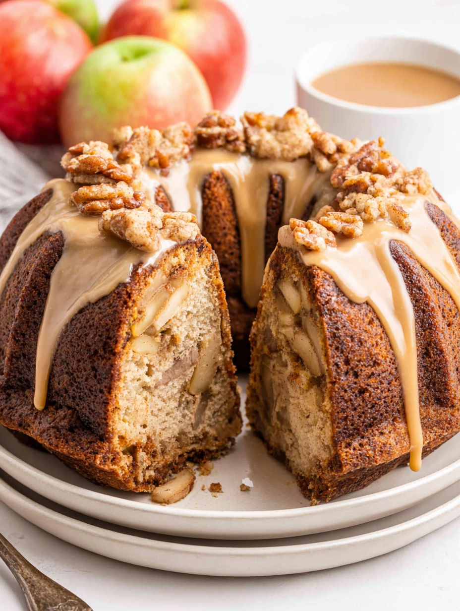 A slice of caramel apple bundt cake.