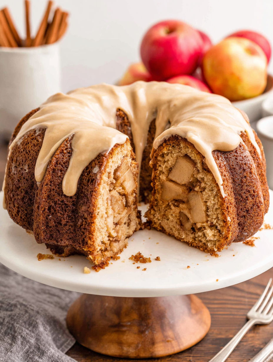 A bundt cake with caramel frosting.