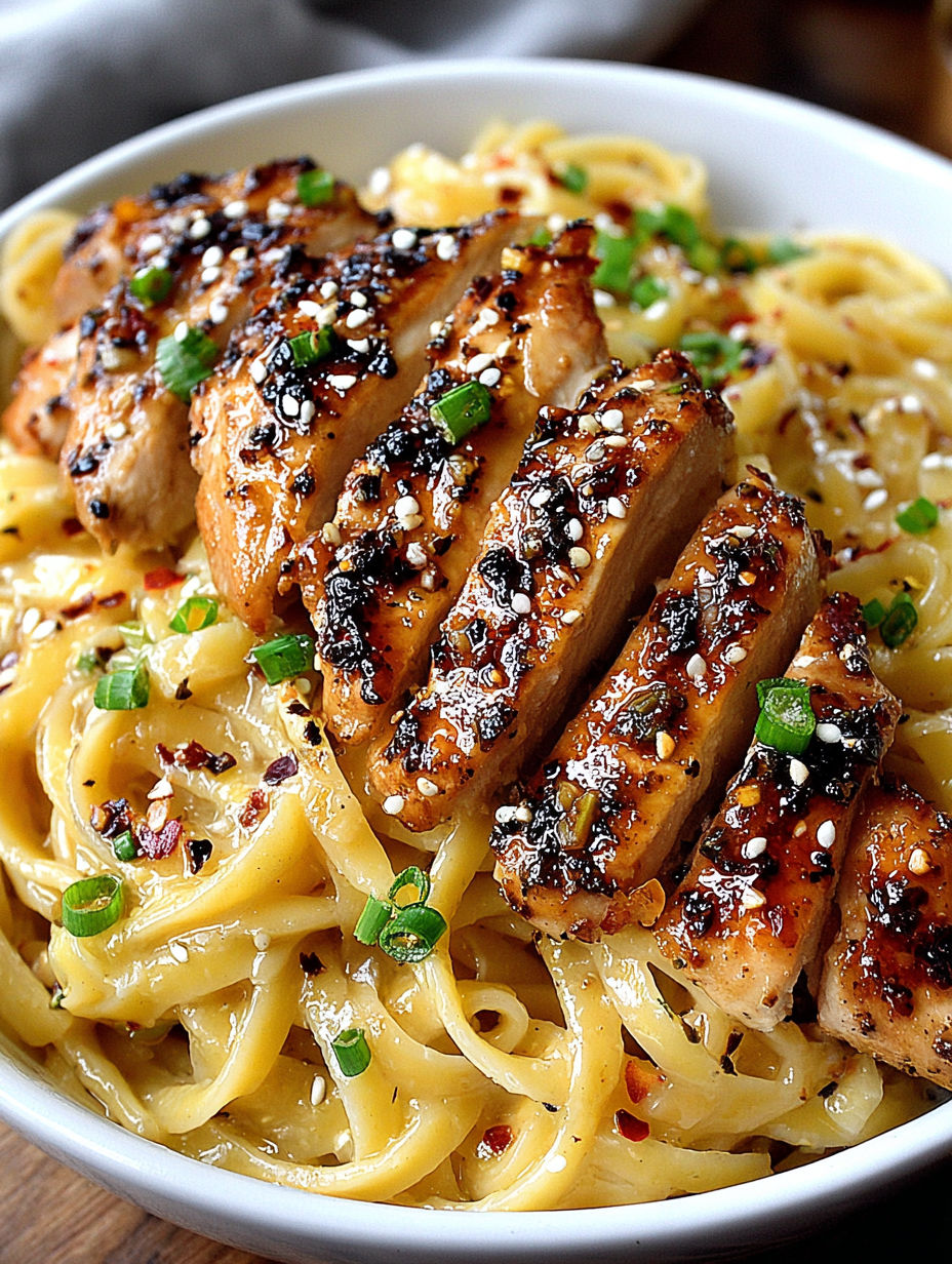 A bowl of noodles with chicken and peppers.