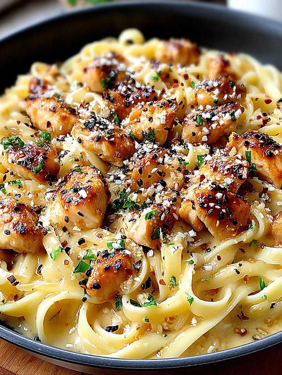 A plate of food with chicken and noodles.