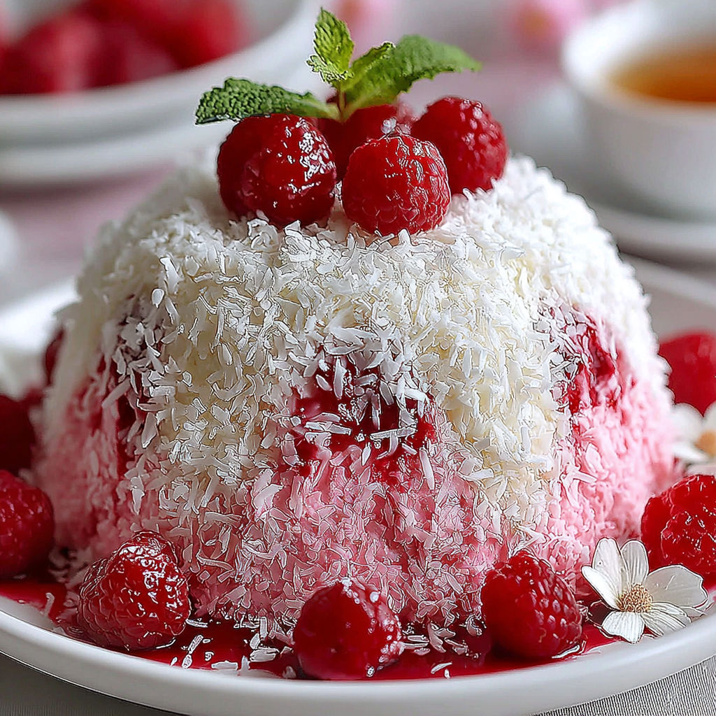 A snowball cake with white and red raspberries on top.