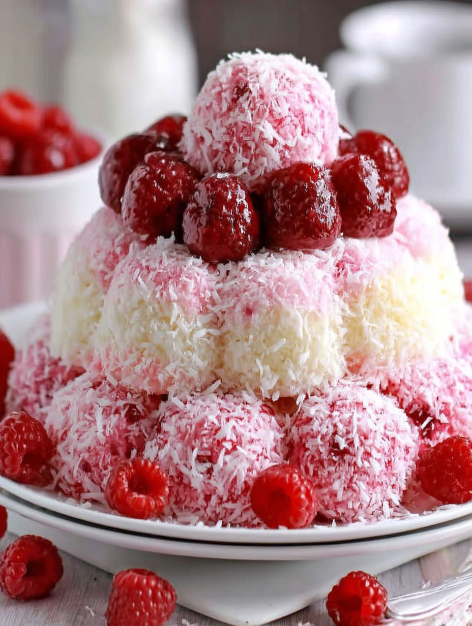 A stack of white and pink snowball cake.