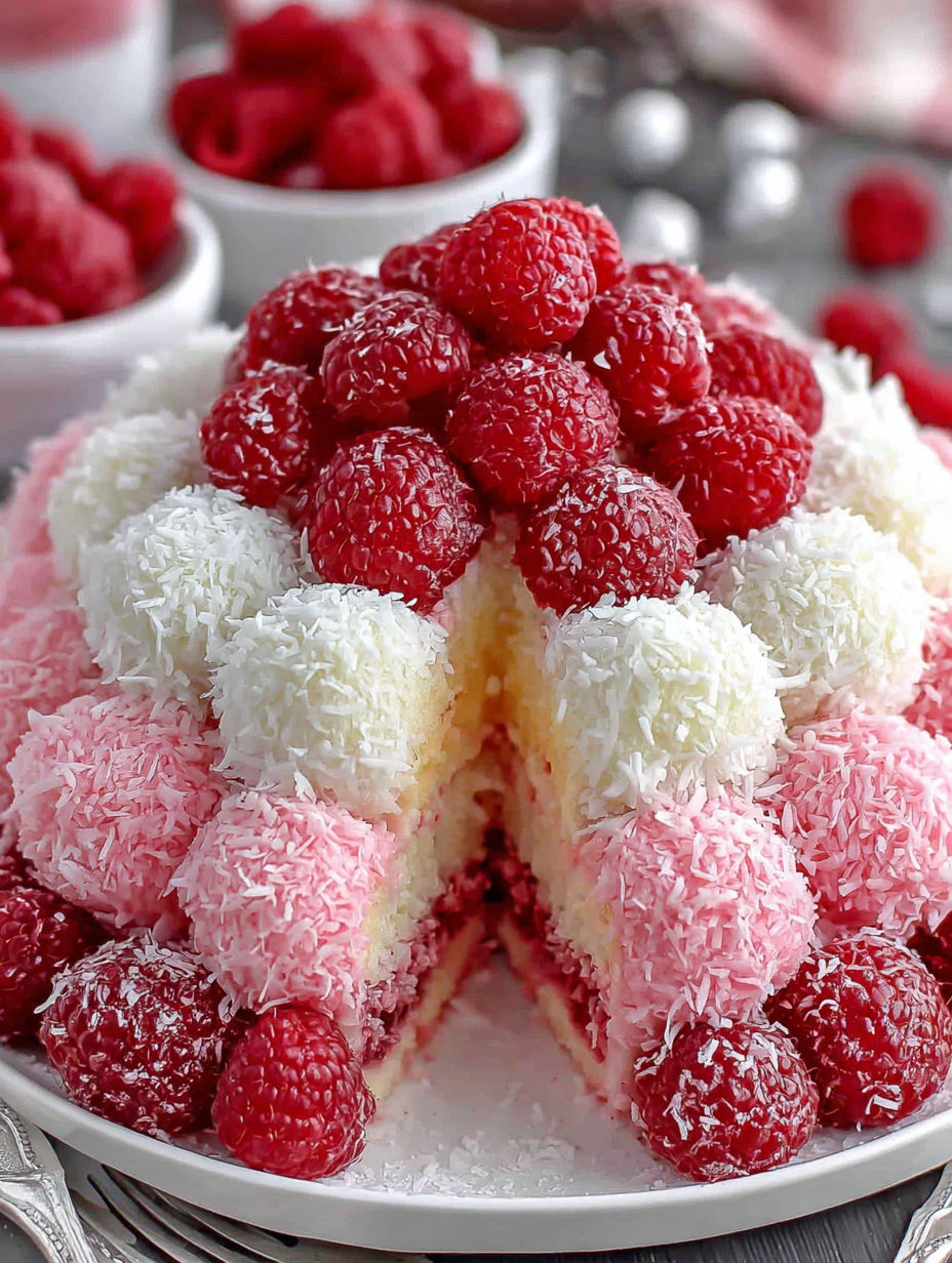 A slice of a snowball cake with white and pink frosting.