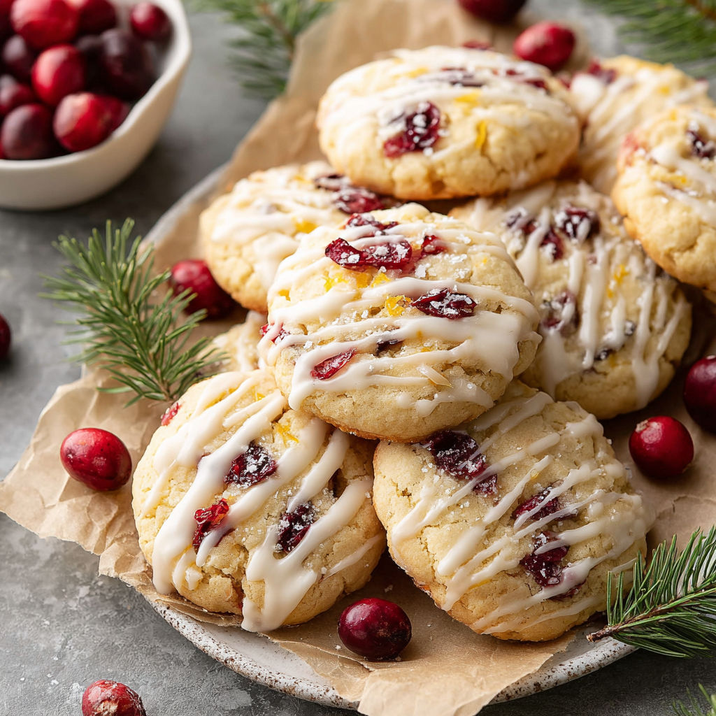 A plate of cookies with white icing and orange and red berries.