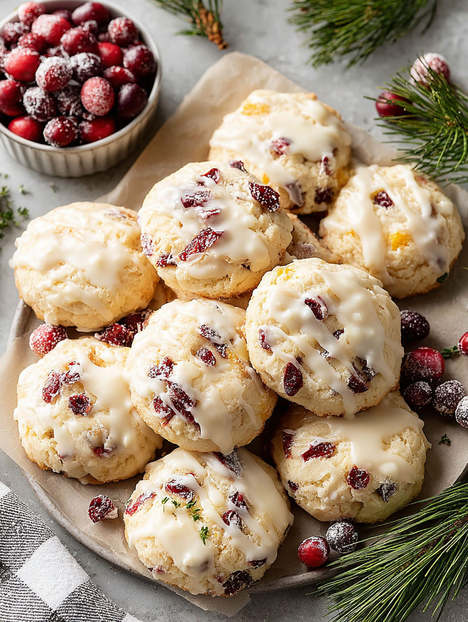 A plate of cookies with white frosting and red berries.