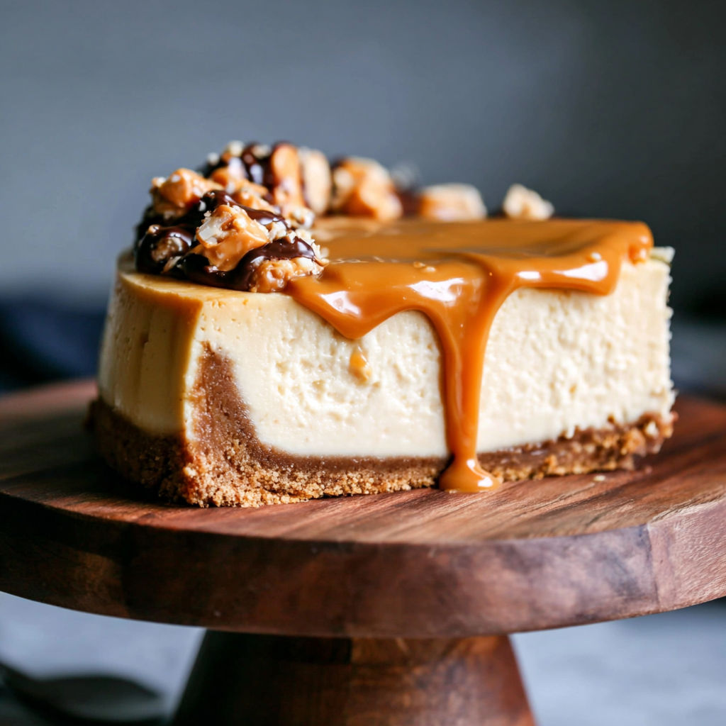 A slice of cheesecake with caramel drizzled on top.