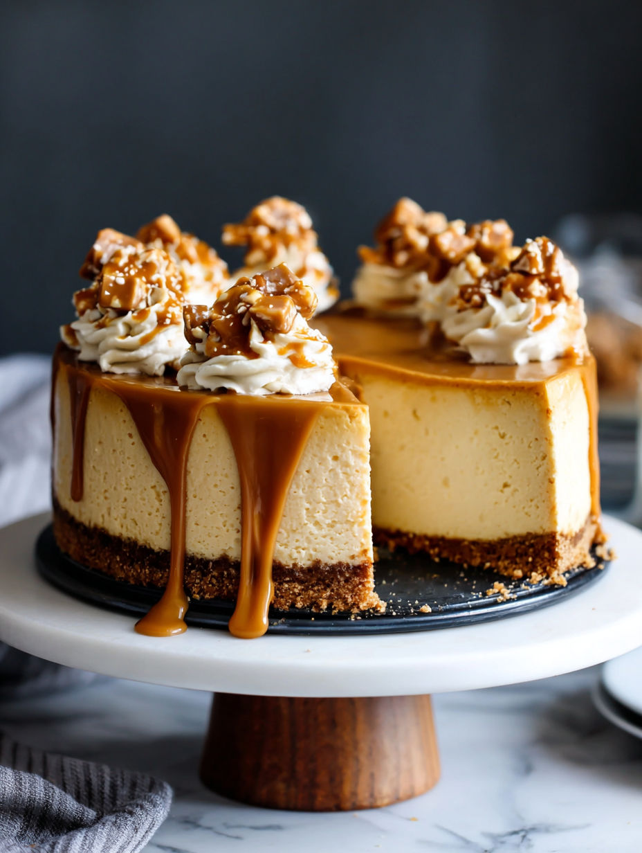 A slice of cheesecake with caramel drizzled on top.