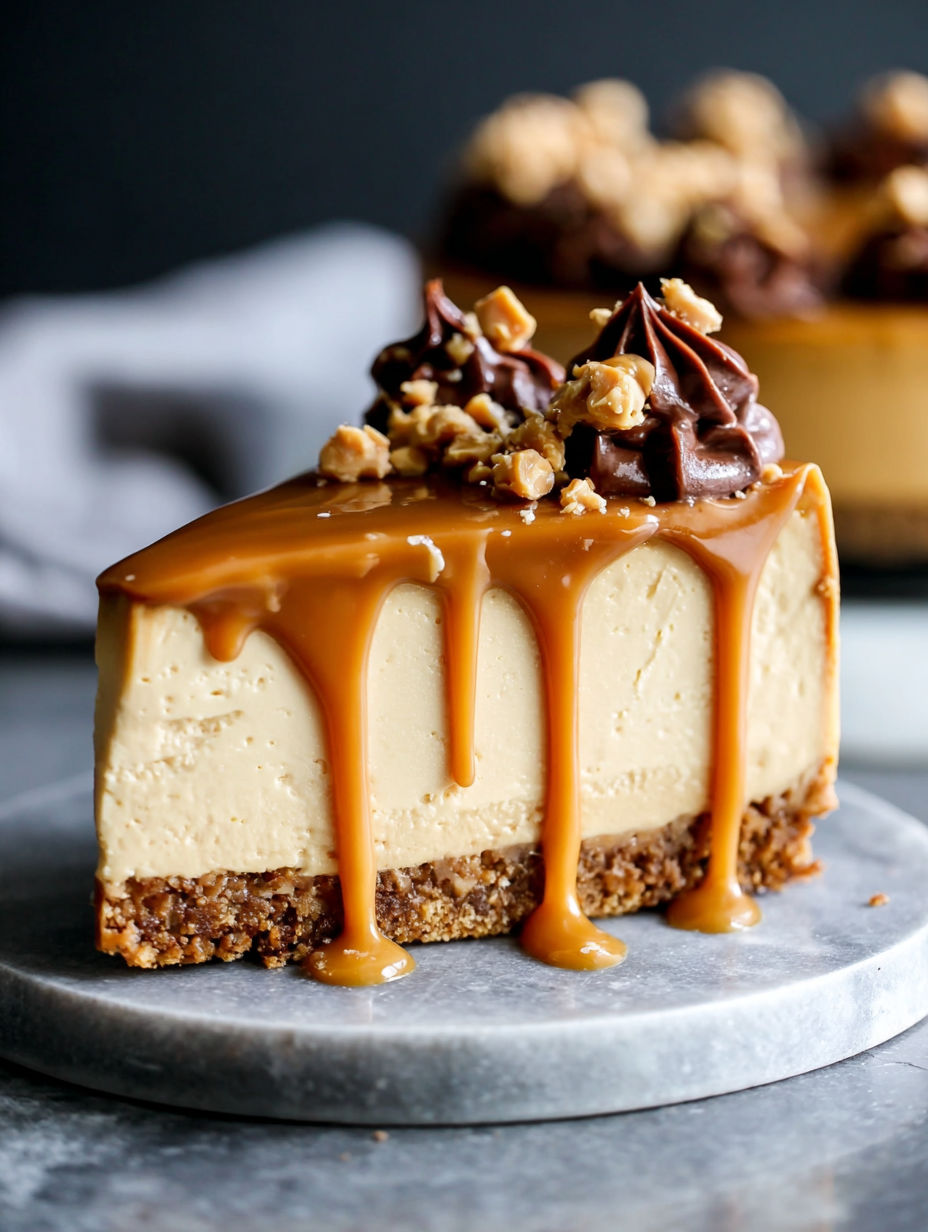 A slice of cheesecake with caramel drizzled on top.