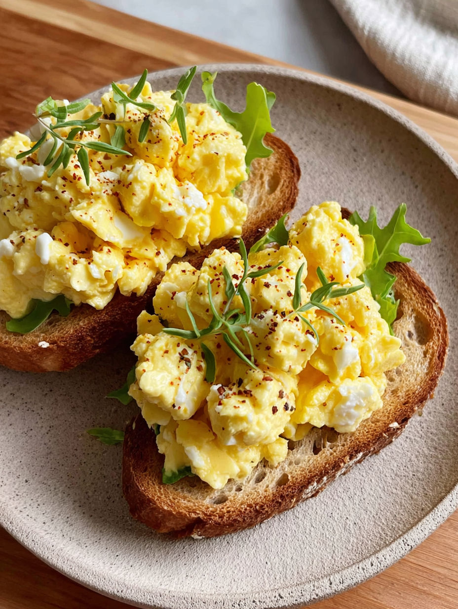 Two pieces of toast with egg salad and cottage cheese on top.