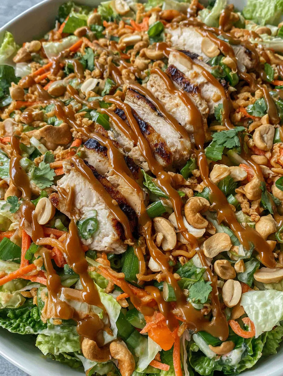 A close up of a chicken cashew crunch salad.
