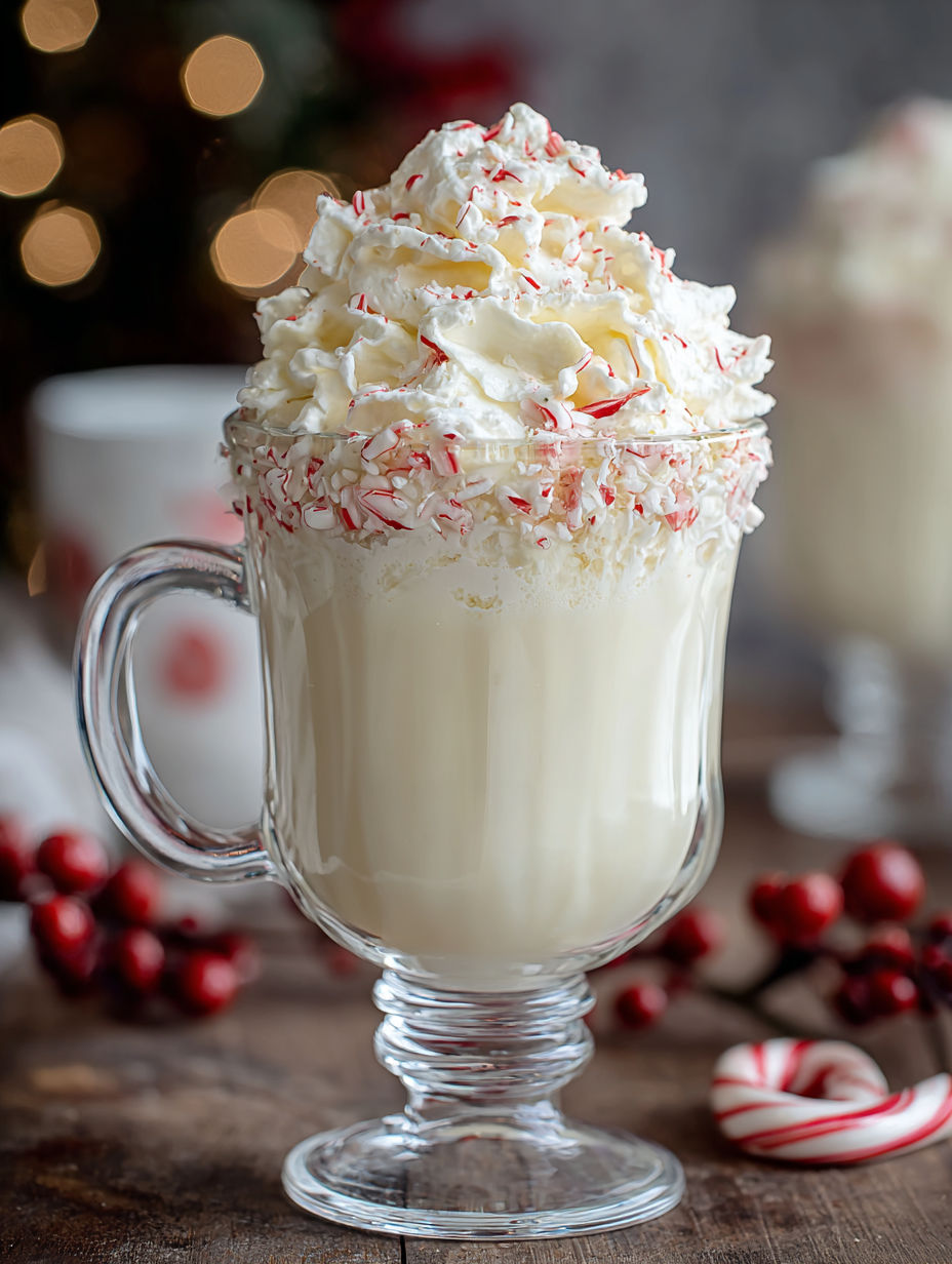 A glass of peppermint milk with a red and white bow.