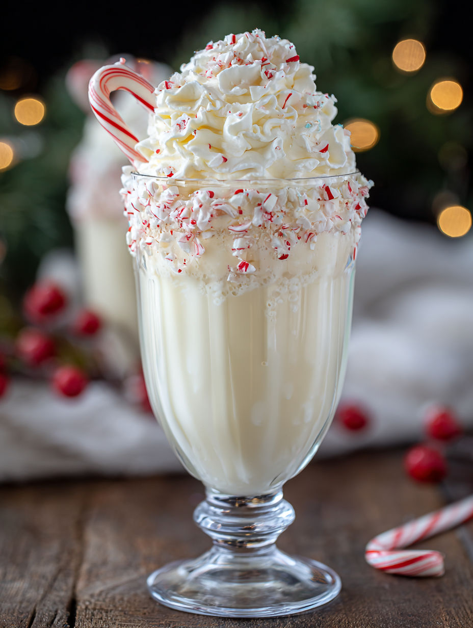 A glass of peppermint milk with a candy cane.