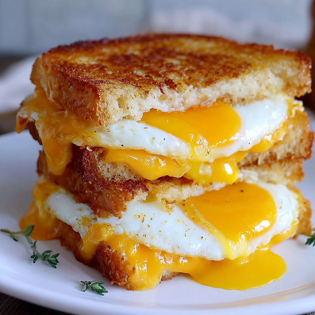 A stack of grilled cheese sandwiches with fried eggs on top.