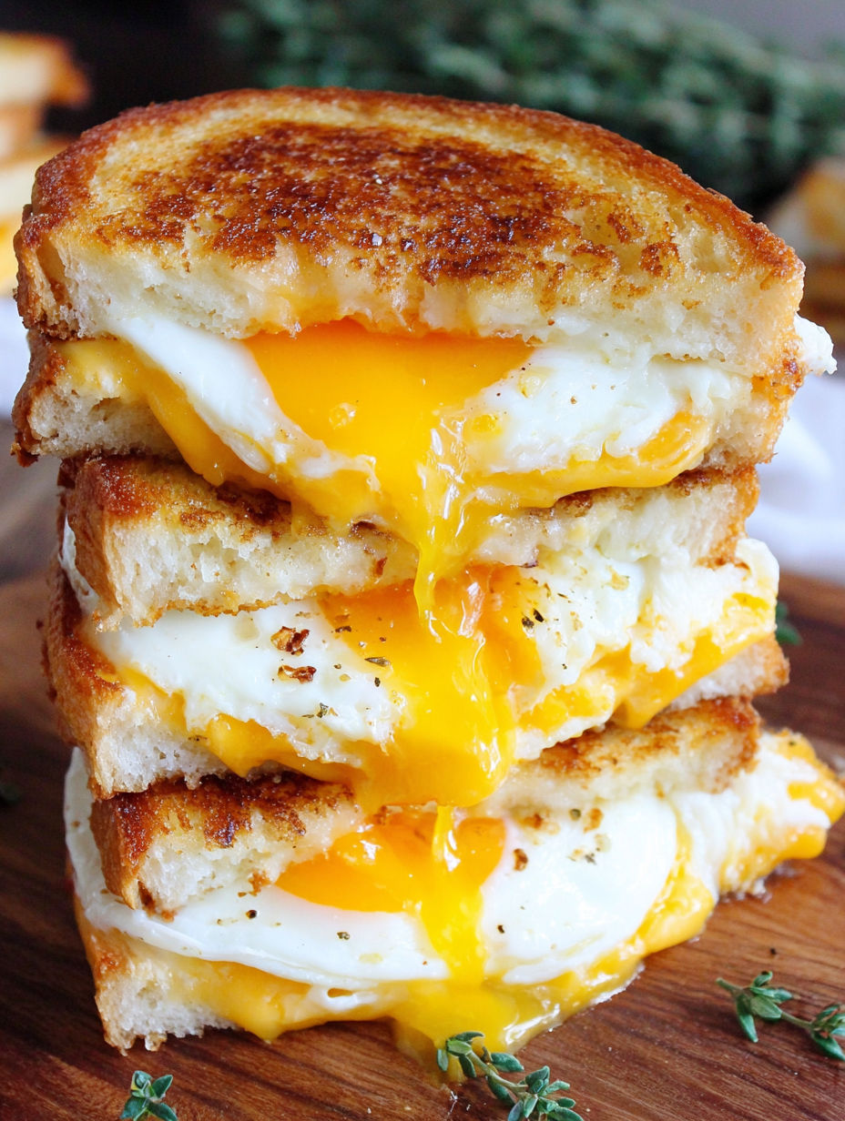 A stack of grilled cheese sandwiches with fried eggs on top.