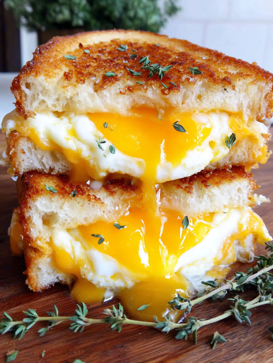 A grilled cheese sandwich with a fried egg on top.