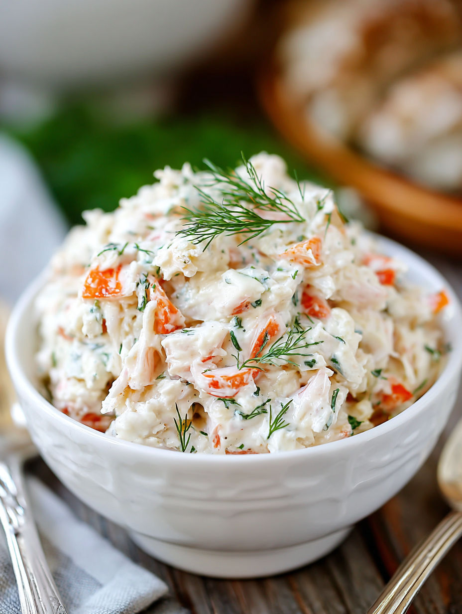 A bowl of crab salad with a spoon in it.
