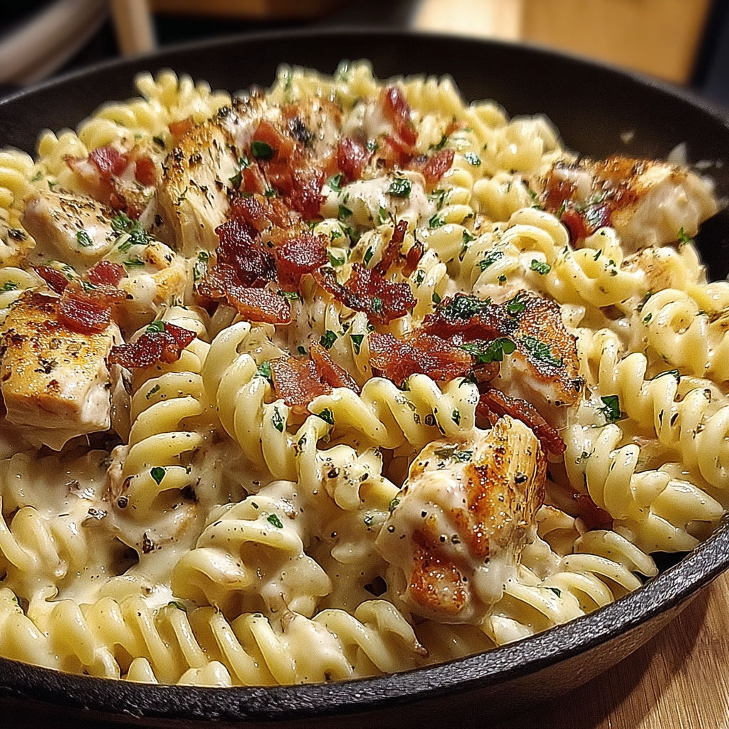 A bowl of chicken bacon ranch pasta.