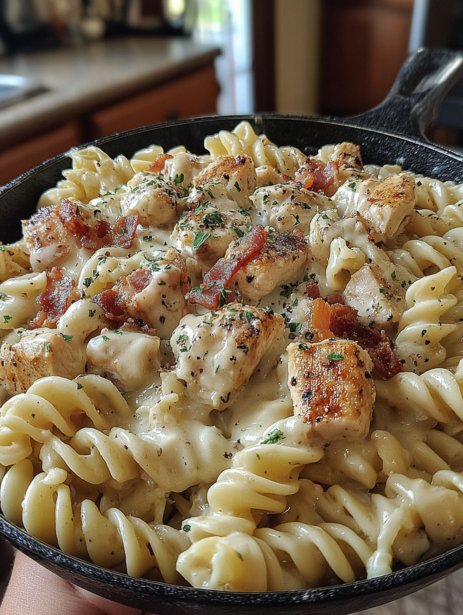 A close up of a delicious chicken bacon ranch pasta dish.