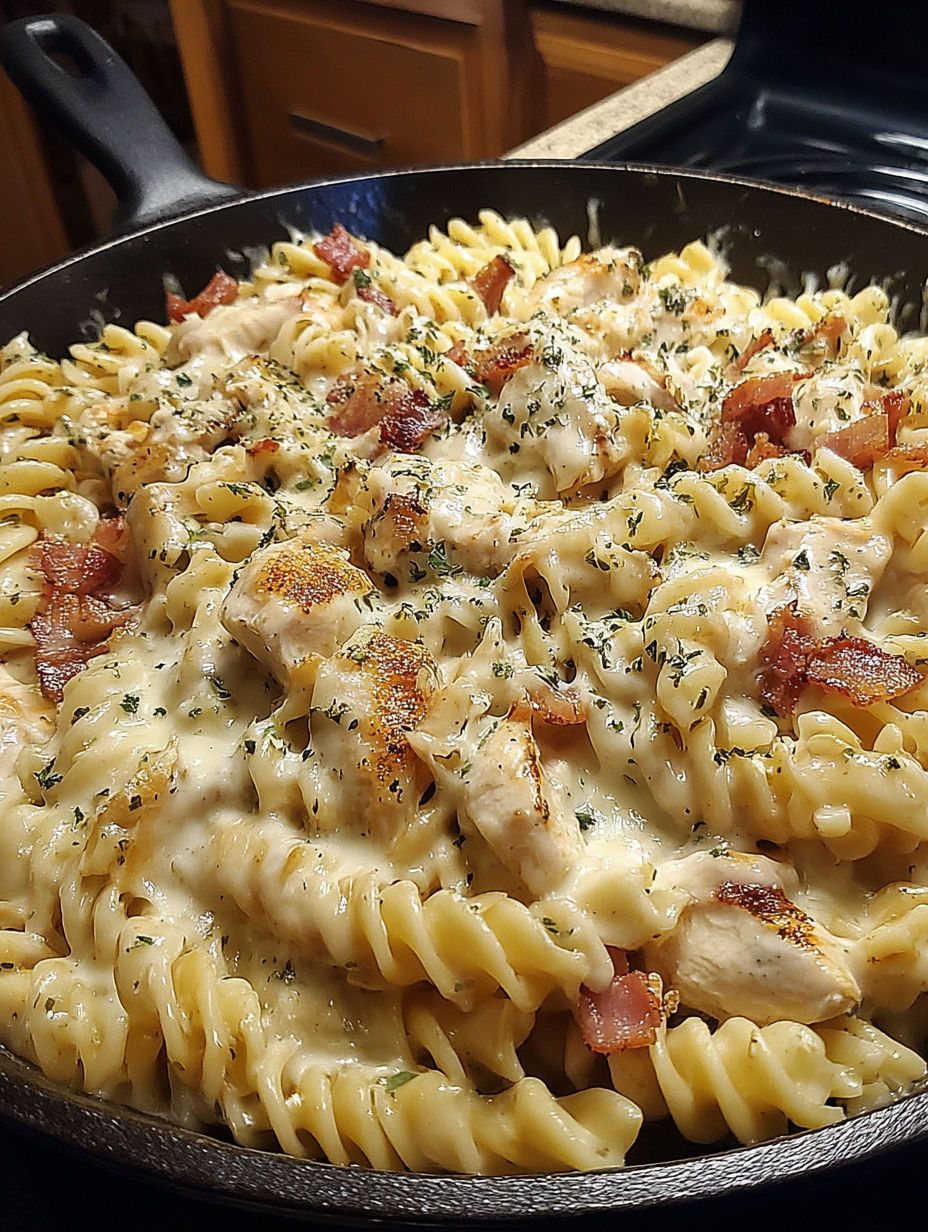 A delicious chicken bacon ranch pasta dish.