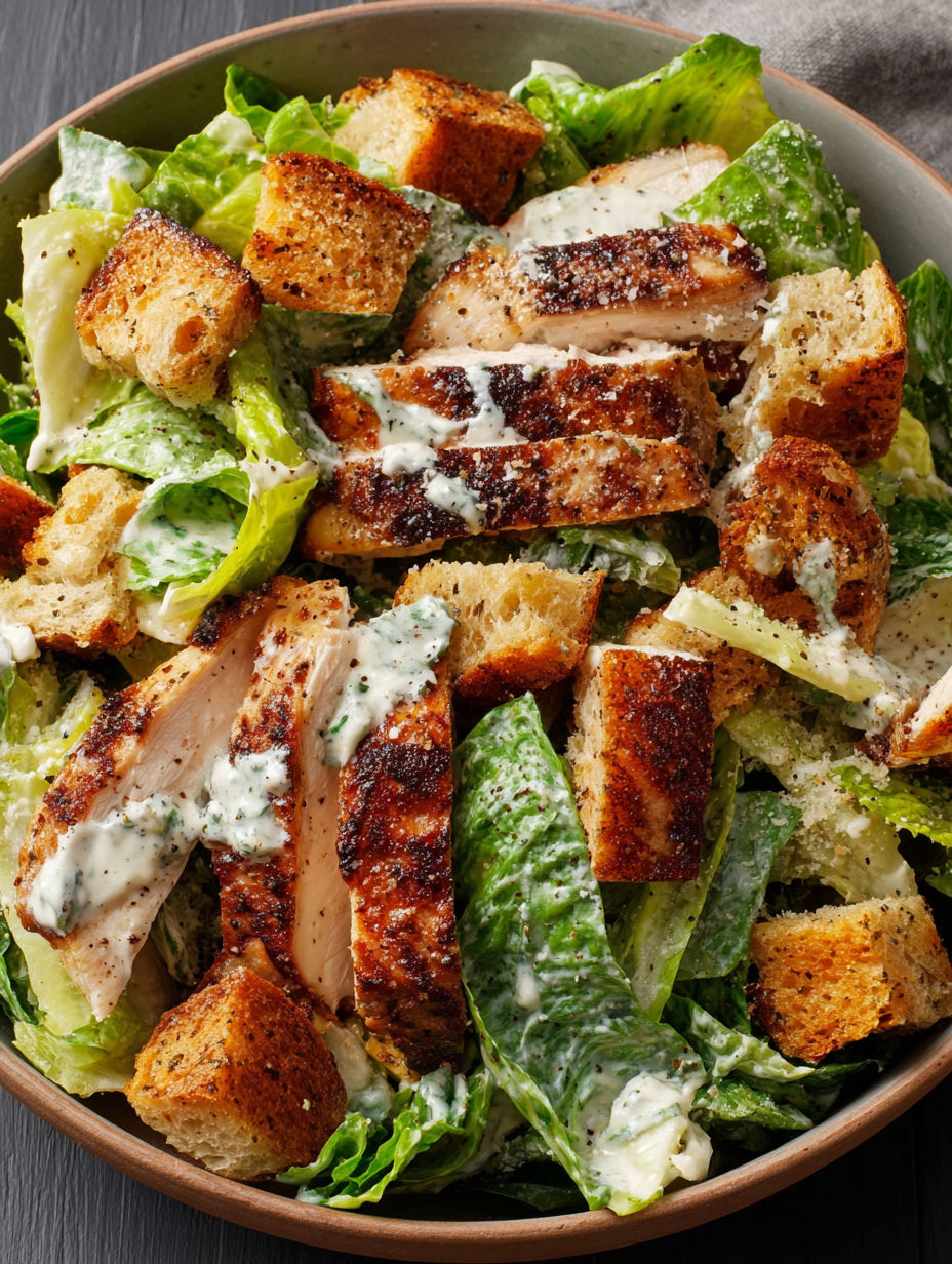 A bowl of chicken Caesar salad.