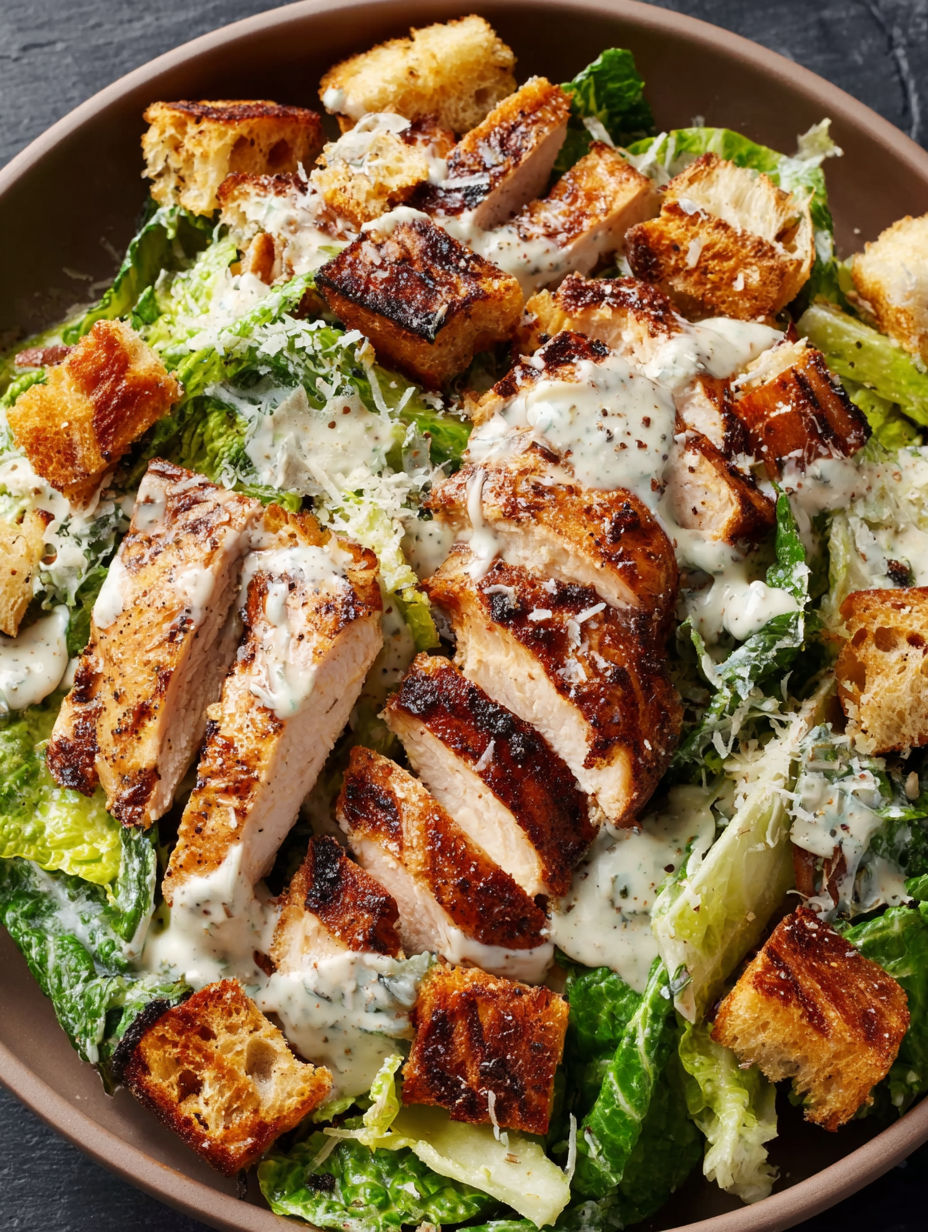 A close up of a delicious chicken Caesar salad.